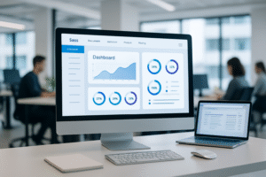 Chmura obliczeniowa z laptopem i wykresem wzrostu symbolizujące rozwój oprogramowania SaaS i jego przyszłość