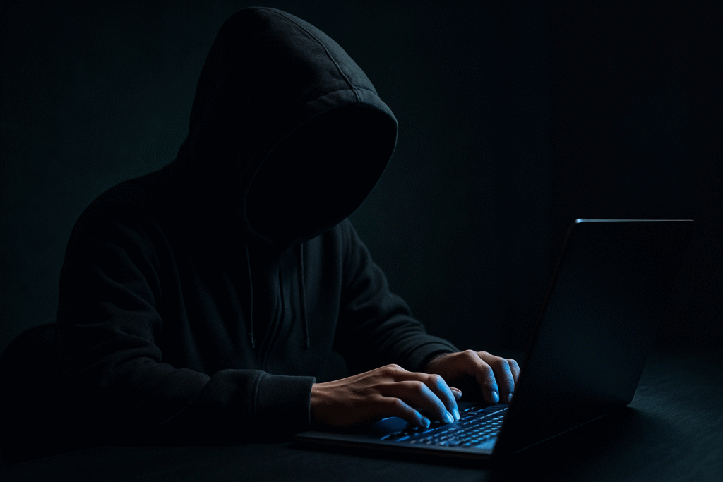 Osoba w ciemnej, zasłaniającej twarz, bluzie siedząca przed laptopem.