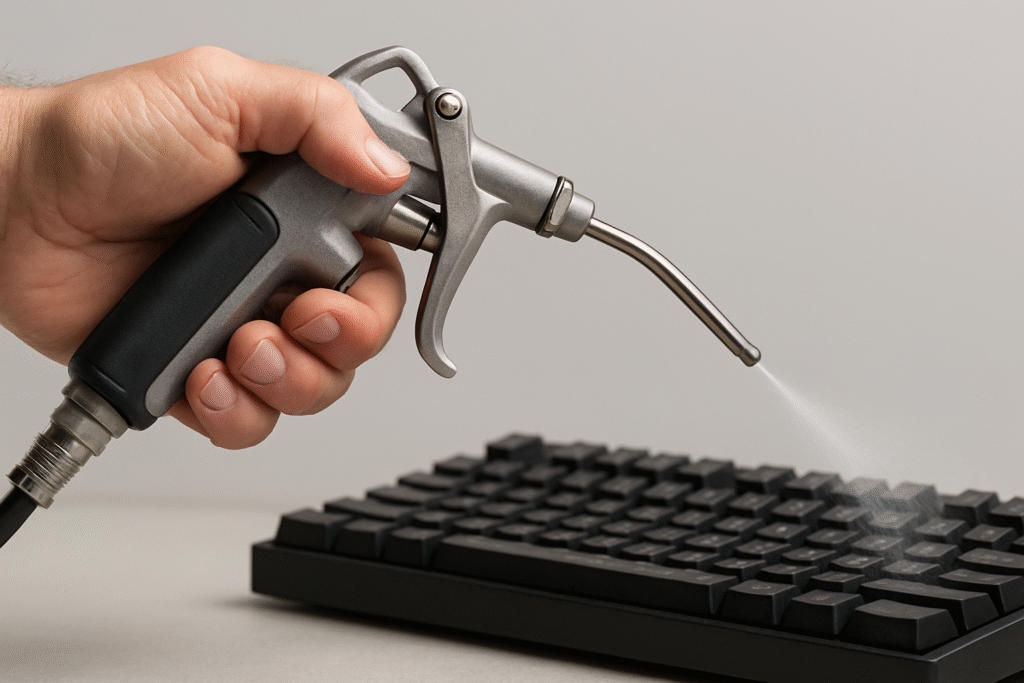 Dłoń trzymająca metalowy pistolet do czyszczenia, skierowany w stronę czarnej klawiatury komputerowej.