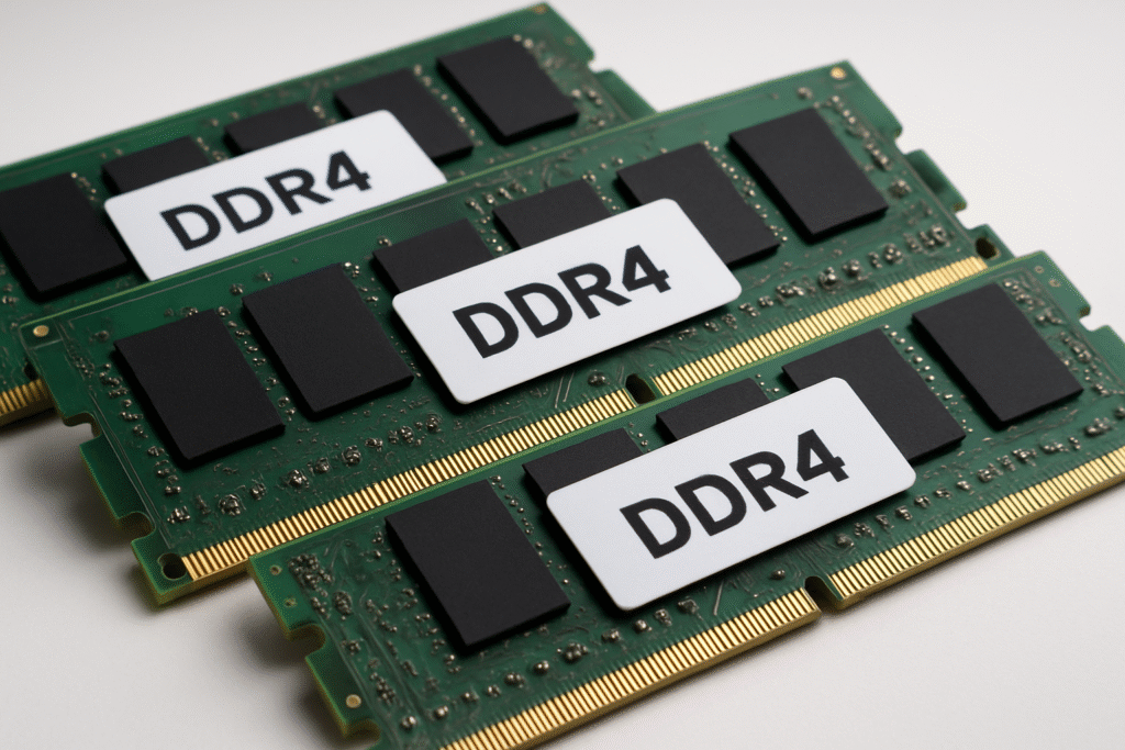 Moduły pamięci RAM obok laptopa z otwartymi wykresami zużycia pamięci podczas pracy biurowej