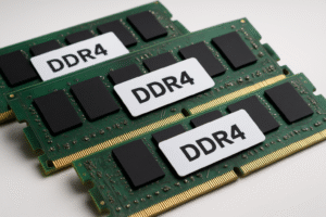 Moduły pamięci RAM obok laptopa z otwartymi wykresami zużycia pamięci podczas pracy biurowej