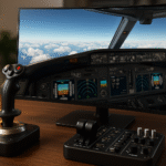Widok z kokpitu wirtualnego samolotu z realistycznymi przyrządami i panoramą nieba