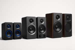 Różne modele głośników komputerowych różnych półek cenowych ustawione obok siebie na neutralnym tle