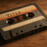 Stara kaseta magnetofonowa na tle retro sprzętu audio, z przezroczystą obudową i nawiniętą taśmą