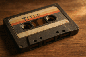 Stara kaseta magnetofonowa na tle retro sprzętu audio, z przezroczystą obudową i nawiniętą taśmą