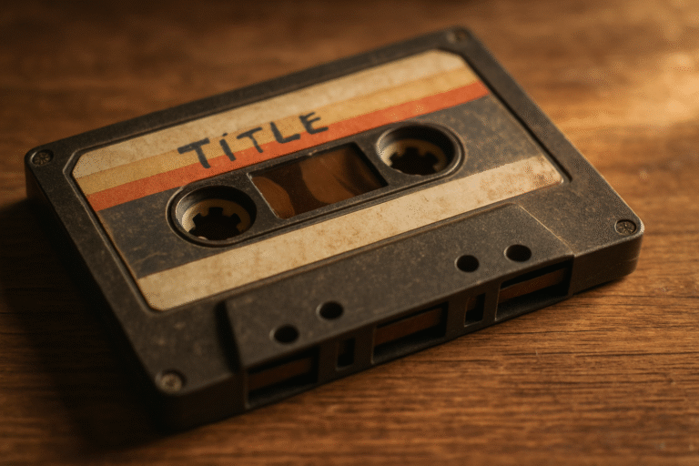 Stara kaseta magnetofonowa na tle retro sprzętu audio, z przezroczystą obudową i nawiniętą taśmą