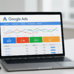 Interfejs reklam Google Ads w trybie AI z ikoną robota i przykładowymi kampaniami reklamowymi