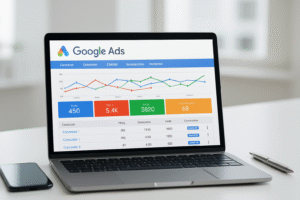 Interfejs reklam Google Ads w trybie AI z ikoną robota i przykładowymi kampaniami reklamowymi