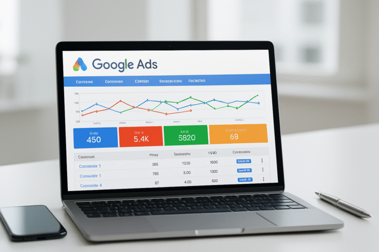 Interfejs reklam Google Ads w trybie AI z ikoną robota i przykładowymi kampaniami reklamowymi