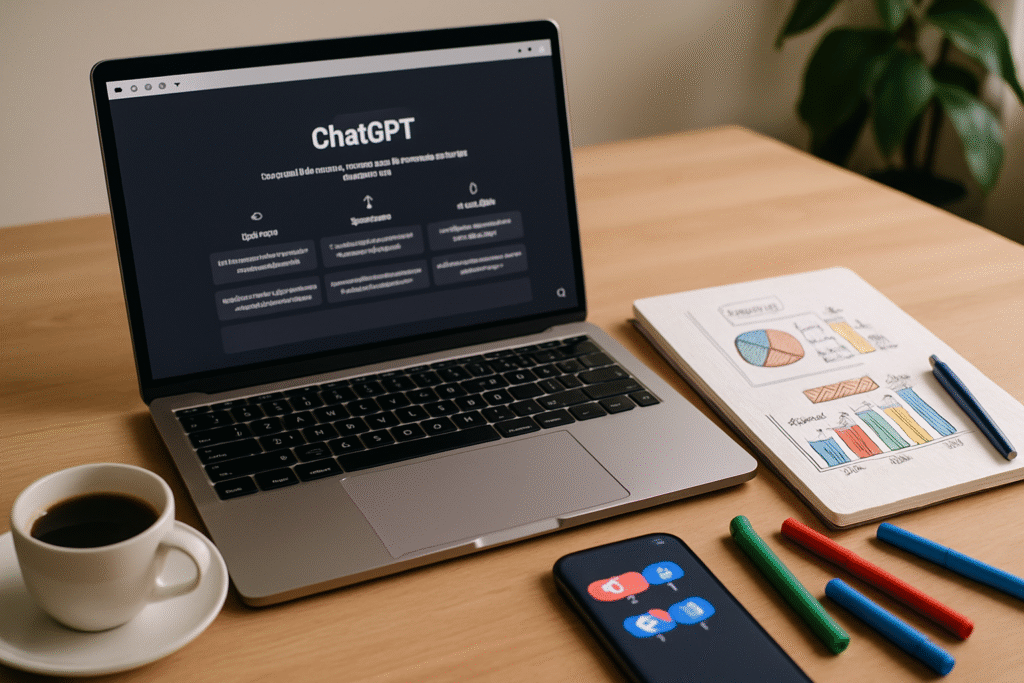 Komputer z otwartym ChatGPT, wykresy i ikony megafonu ilustrują przygotowania do pierwszej kampanii reklamowej